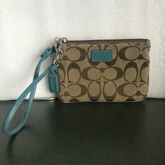 Coach Teal/Khaki Canvas Leather Wristlet Mini Pouch - Picture 12 of 16
